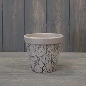 Earthy Warm Grey Straw Flower Pot With Silhouette Branch Design (11cm) detail page